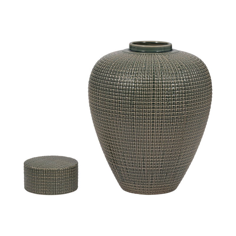 Pot à couvercle vert Dempsey - vase en grès pour décoration intérieure moderne, couleur grès élégante, pièce décorative parfaite