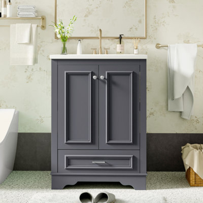 Meuble-lavabo 24 po avec lavabo en céramique, armoire de rangement autoportante moderne avec poignées argentées, portes à fermeture douce