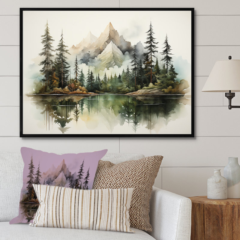 Watercolor Mountain Dreamscape - Art mural montagnes, 30" H x 40" W, Cadre flottant noir