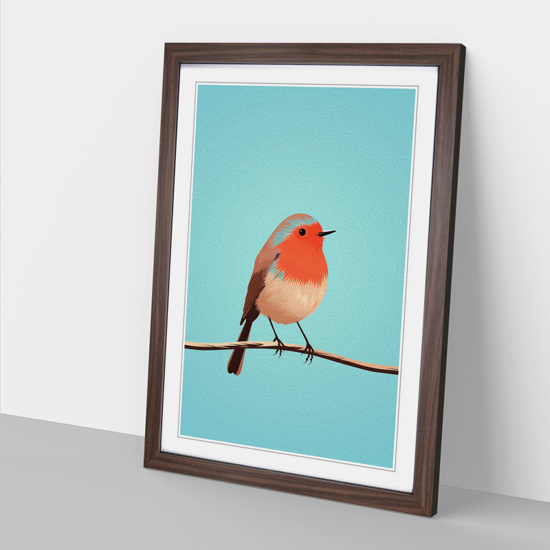 Robin Bird Minimalism No.2 - Single Picture Frame Print on Wood, 46cm H x 34cm W x 2cm D, Walnut