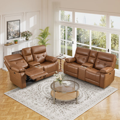 Causeuse inclinable électrique en cuir fleur 74,7 po avec port USB, porte-gobelets et console de rangement, deux sièges inclinables pour le salon (ensemble de 2)