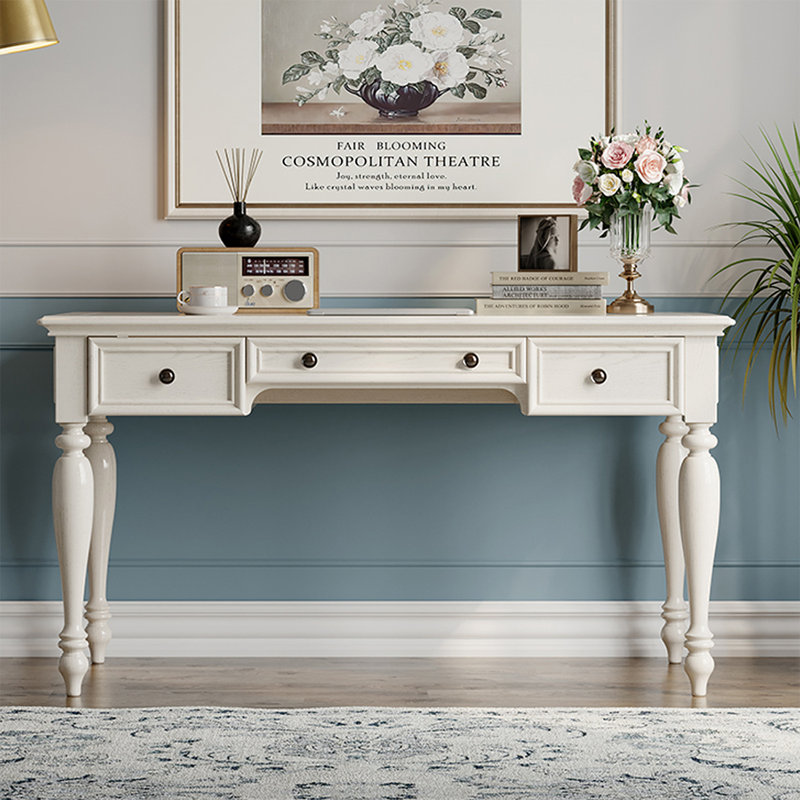Beige Rectangular Solid Wood with 3 drawers desk