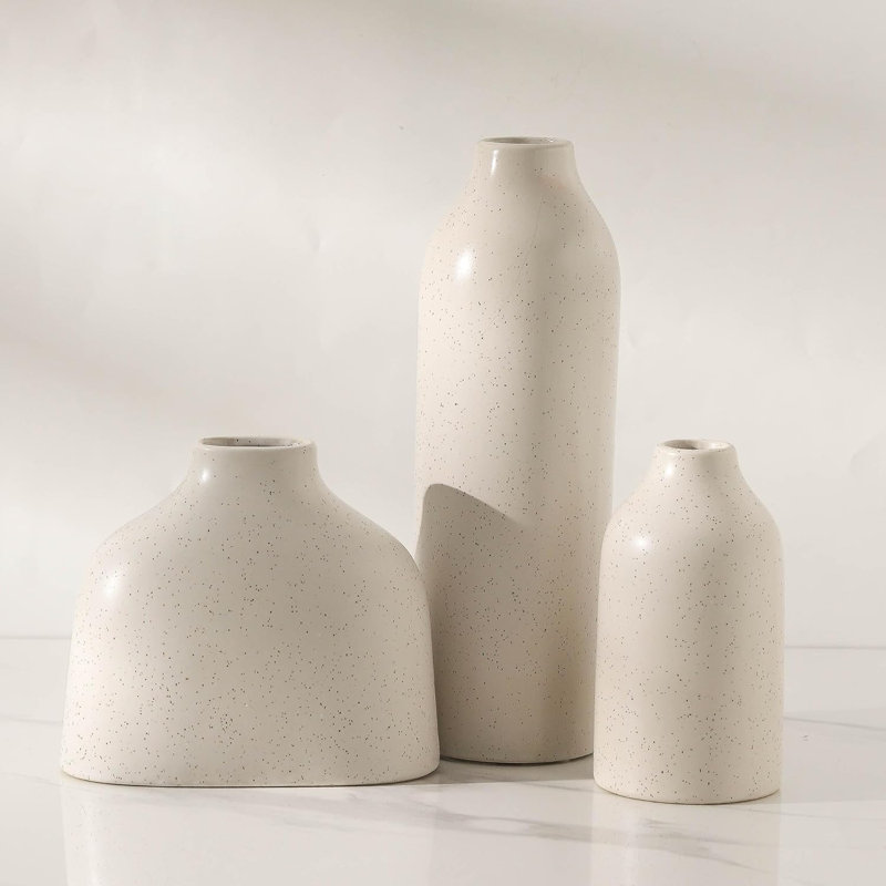 Ceramic Vase Set Of 3, Modern Farmhouse Decor For Home, Rustic Boho Flower Vases For Pampas Grass, Dried Or Fresh Flowers, Versatile Centerpiece For Living Room, Bedroom, Bookshelf Or Table