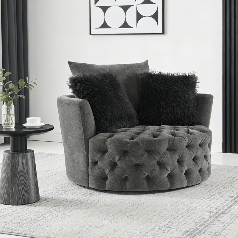 Oversized Round Button Tufted Swivel Chair With Faux Fur Pillows And 360-Degree Swivel, Dark Gray