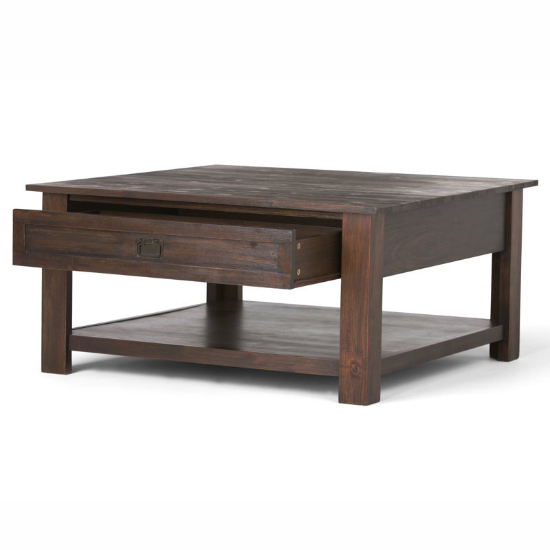 Monroe 38"W Solid Acacia Wood Rustic Square Coffee Table with 2 Drawers and Open Shelf, Charcoal brown