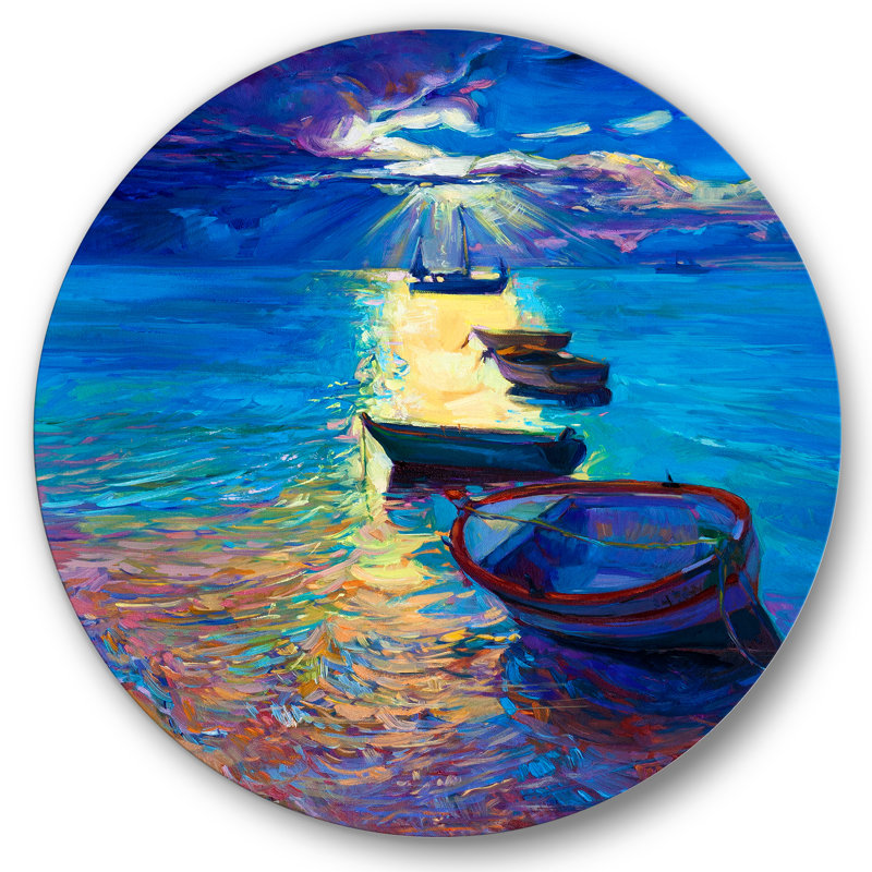 Bateau de pêche sur l'eau avec un ciel bleu foncé II - Lake House, H 29 po x l 29 po x P 1 po