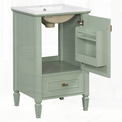 Meuble-lavabo de salle de bain avec lavabo en céramique et pieds en bois massif, autoportant avec tiroirs à fermeture en douceur, portes et support de rangement