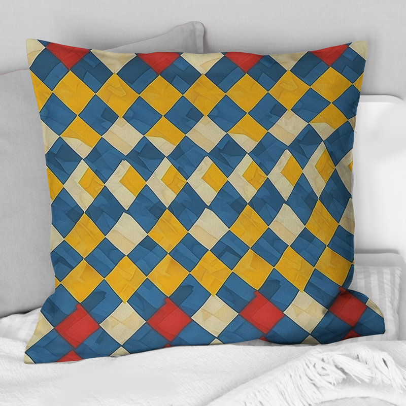 Coussin moderne bleu et jaune Houndstooth III, H 16 po x l 16 po