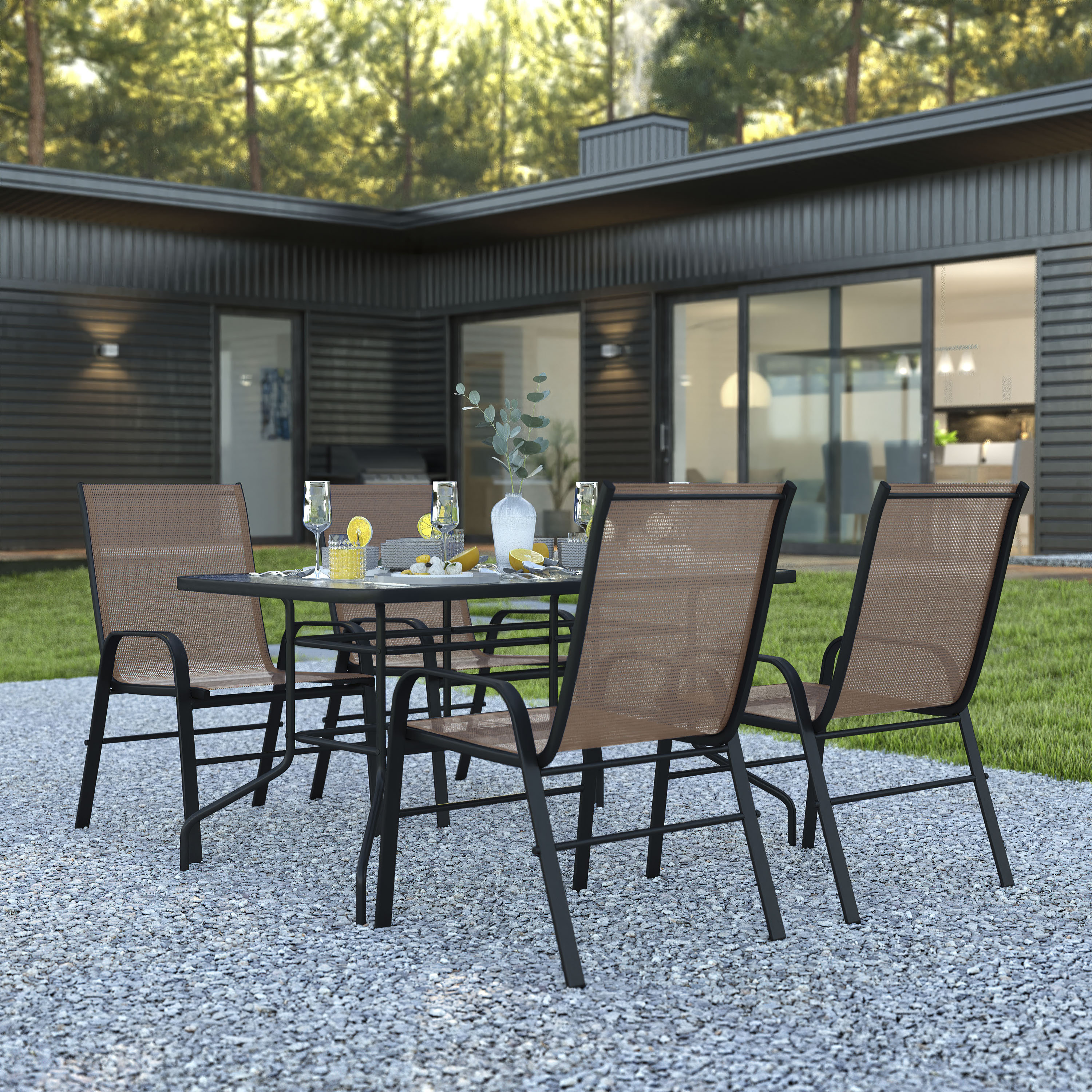 Lark Manor Elgin Patio Dining Set with Glass Table and Flex Stack