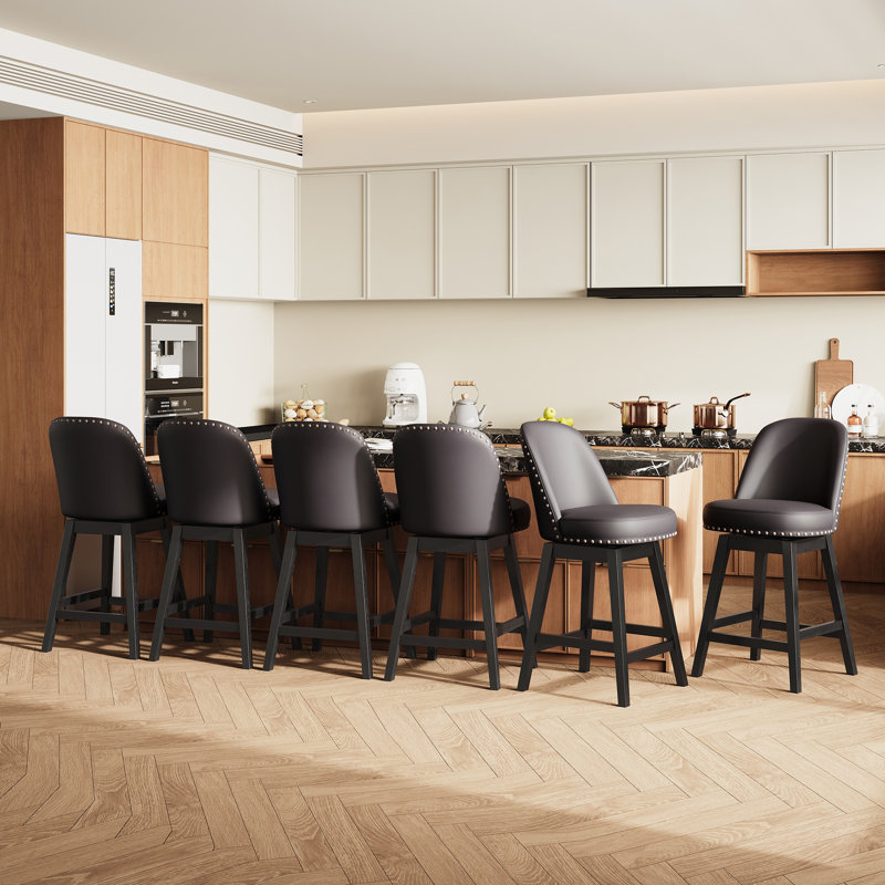 Vintage Upholstered Swivel Bar Stool with Solid Wood Legs, Black