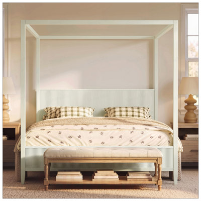 King Size Wooden Canopy Platform Bed with Elegant Fluted Panels and Support Slats, No Box Spring Required