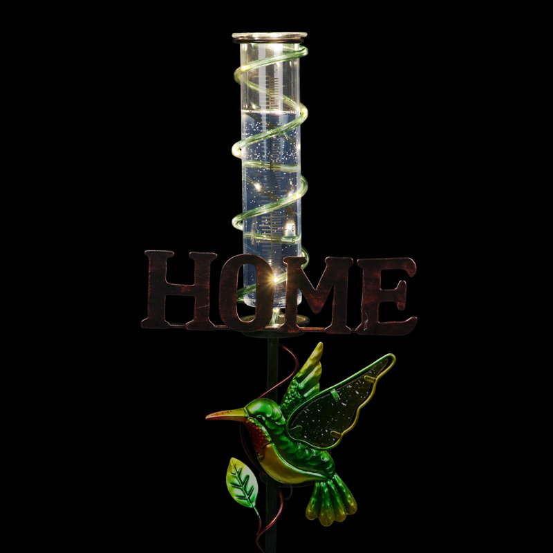 Green Metal Solar Hummingbird Rain Gauge Garden Stake