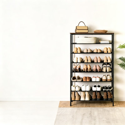 Range-chaussures à 8 niveaux pour garde-robe, pouvant contenir 28 à 32 paires, grande tablette de rangement en métal pour la chambre du vestibule, tablette autoportante robuste et robuste, grande capacité, brun rustique