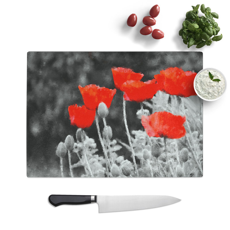 Tempered Glass Red Poppy Field Chopping Board, 28.5 cm x 39 cm