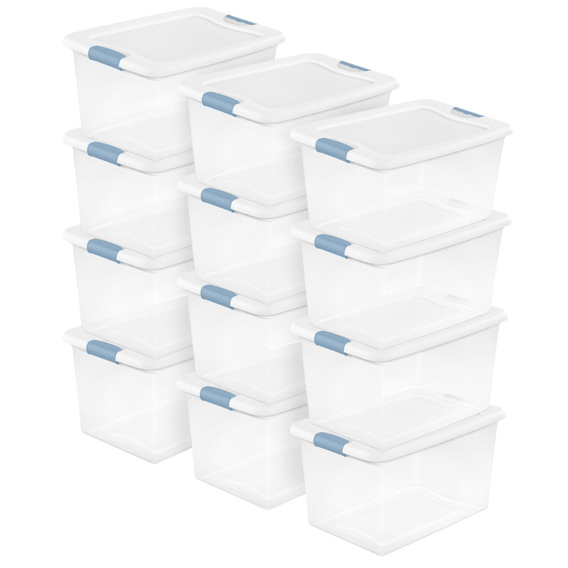 Sterilite 64Qt Latching Box Stackable Storage Container with Lid, White, 12 Pack