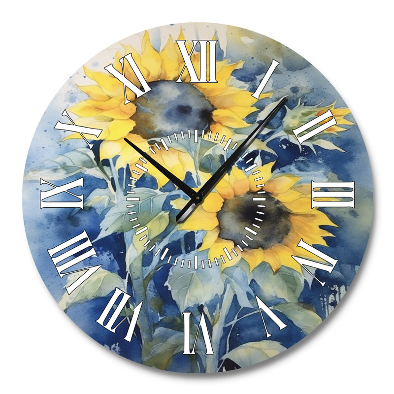 Horloge murale jaune tournesol bleu doré à motif floral blanc, Grand