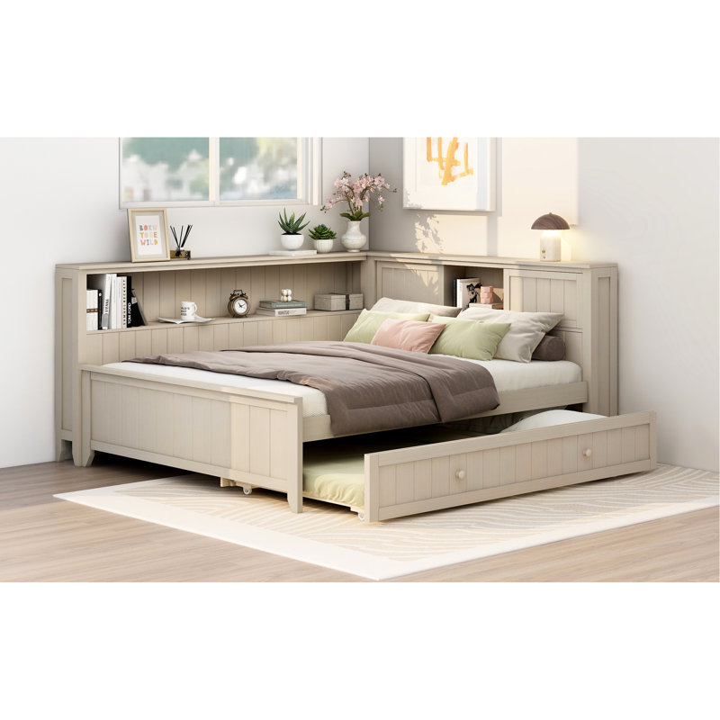 Antique White Milk Finish Full Size Daybed With Trundle And Shelves - Solid Wood Build, For Friends, Storage Items Pine Multi Storage, Supportive Slats