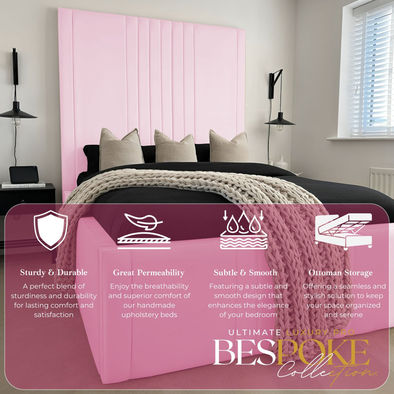 Ottoman Upholstered Bed - Dreamcape Plush Velvet Gas Lift Storage with Headboard, Double (4'6), Pink