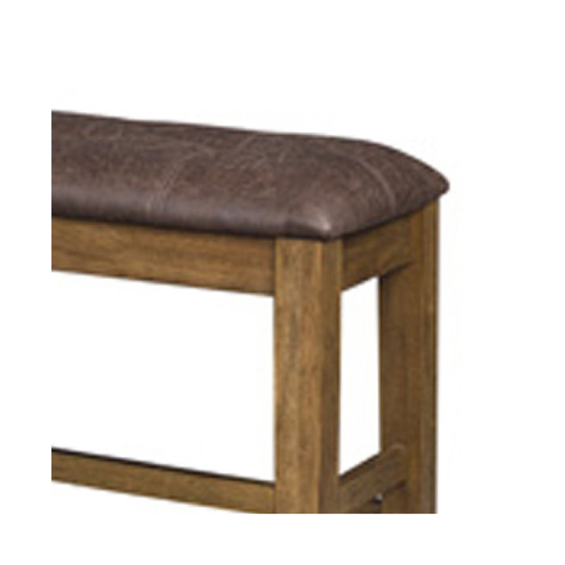 Fori Counter Height Bench, 50 Inch Faux Leather Seat, Light Brown Legs
