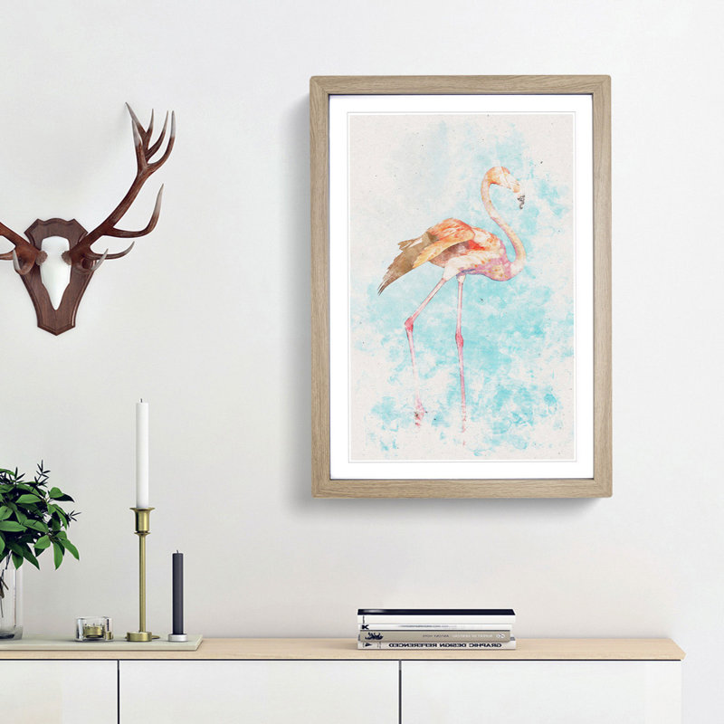 Flamingo Bird Watercolour - Framed Print, 87cm H x 62cm W x 2cm D, Oak Framed