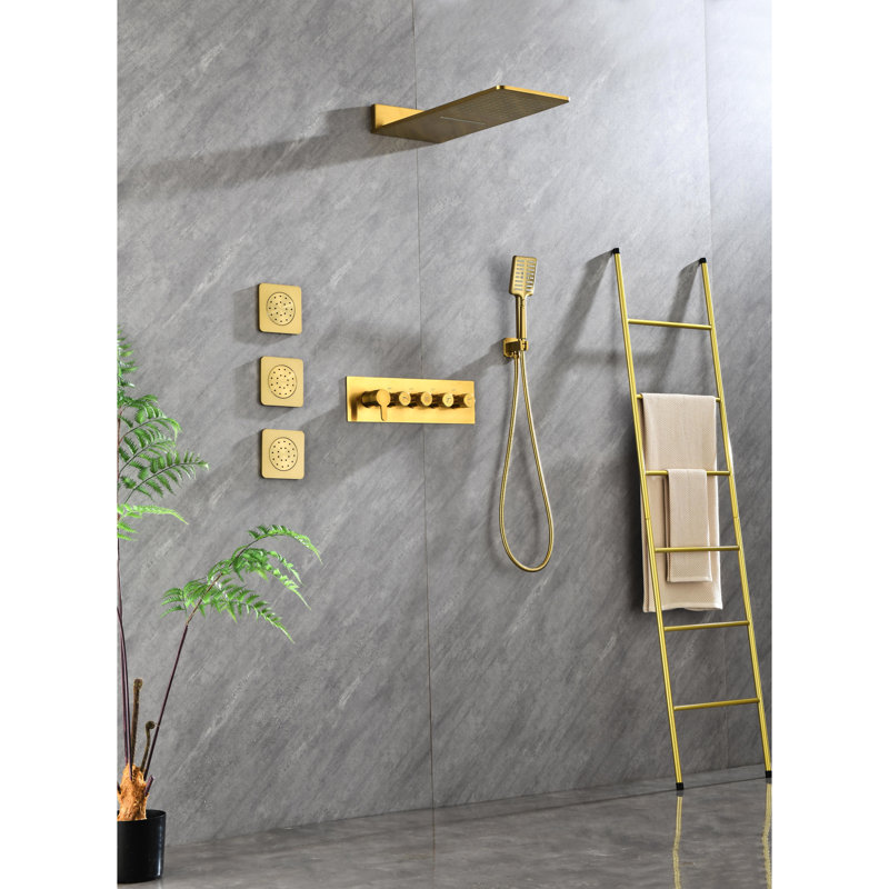 Système de douche mural doré, 3 jets pour le corps et douche à main, apparence de pluie naturelle, laiton à main