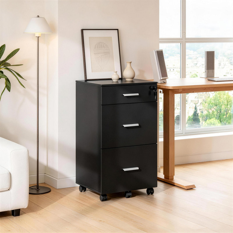 Markiese 16.2‘’ W 3 - Drawer Rolling Mobile File Cabinet With Lock, Wood Filing Cabinet Fits Letter / A4 Size, Brown