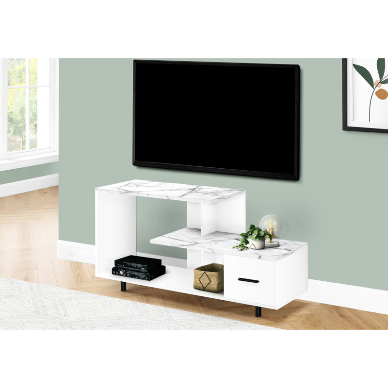 48 Inch White Marble Look Tv Stand, Modern Media Center With Storage Option And For Living Room & Bedroom Contemporary Stand Functionality