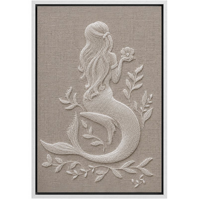 Mermaid Floral Relief Artwork, Bathroom Pictures, Framed Canvas Giclee Print Wall Art