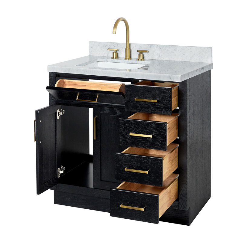 Tidworth 36'' Solid Wood Single Bathroom Vanity with 1.5'' Carrara Marble Top, Rectangular, Left, Black Oak