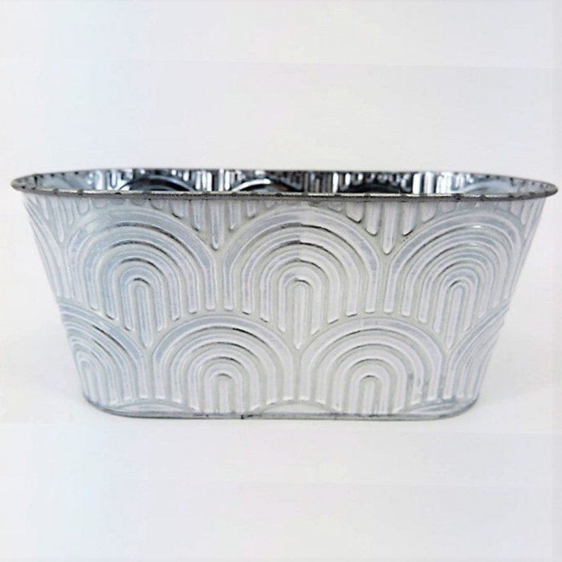 Pot à fleurs en métal avec lignes rondes, Argenté / blanc, H 4,25 po x l 12 po x P 9,8 po