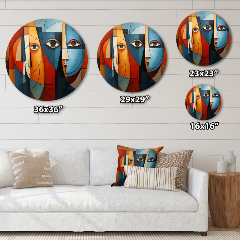 Cubisme géométrique Portrait X - Art abstrait rond en métal, H 16 po x l 16 po