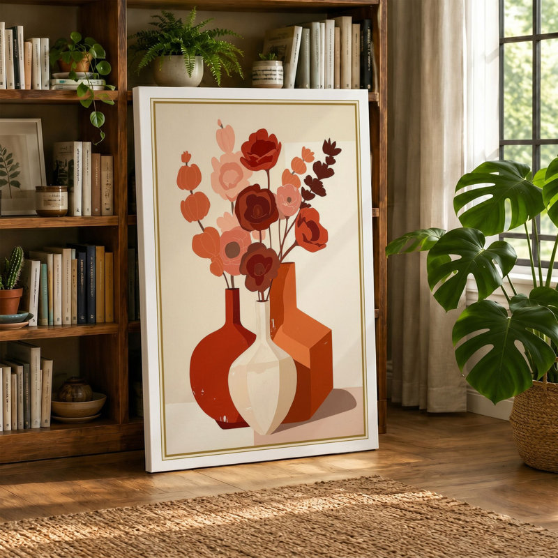Geometric Floral Arrangement Botanical - Wrapped Canvas, 24x16 - 61.0 x 40.6 cm, Ochre Border