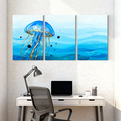 Ensemble de 3 impressions sur toile méduse bleue avec tentacules dorées