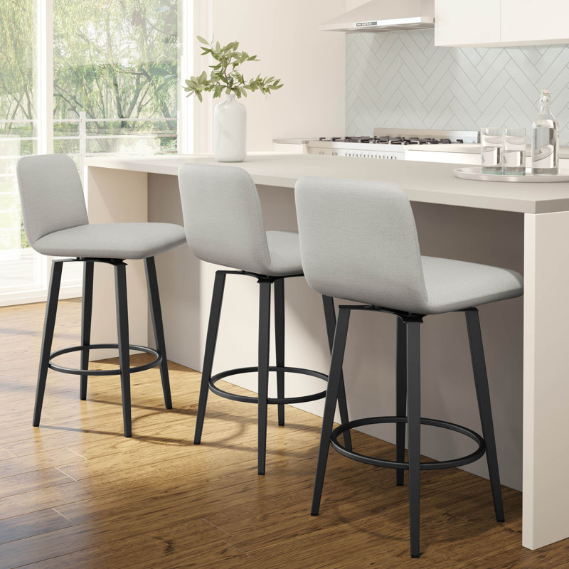 Nay Swivel Upholstered Counter Stool with Metal Frame, Polyester Light Gray, Bar Stool (30.5" Seat Height), Black