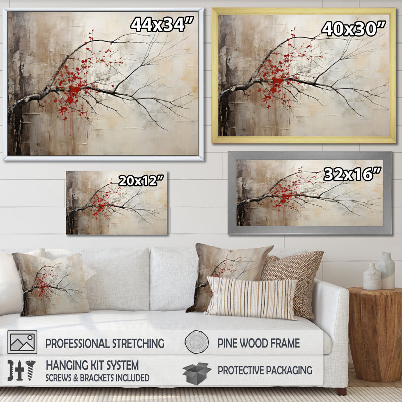 Red Leafs Tree Whispers Of Grey II - Floral Wall Art Prints123, H 30 po x l 40 po x P 1,5 po