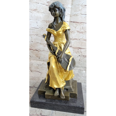 VINTAGE BANJO PLAYING SITTING WOMAN SCULPTURE BRONZE STATUE FIGURINE BY KOSSOWSKI