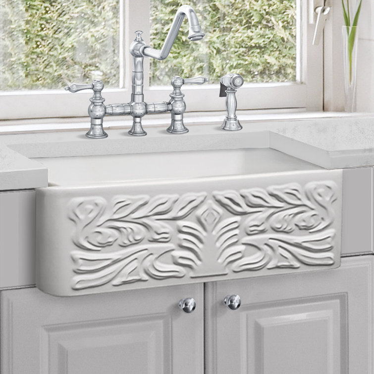 Whitehaus Collection 30” Reversible Single Bowl Fireclay Kitchen Sink: Floral, Fluted Front Apron