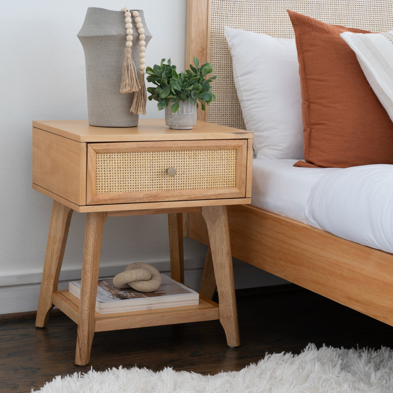 Cane Nightstand With Drawer and Shelf, Tan