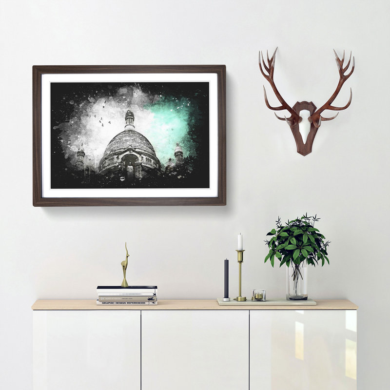 Birds Above Sacre Coeur Paris Paint Splash - Framed Print, 45cm H x 63cm W x 2cm D, Walnut Framed