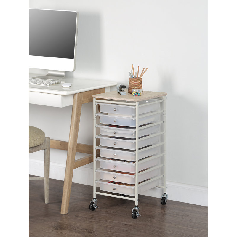 Nisean Under Desk Storage Mobile Utility Cart with Wooden Top and 8 Drawers, White