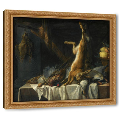 Une nature morte avec un lièvre mort, un canard, un faisan et une volaille sur une table drapée d'un linge blanc, avec un panier de fruits