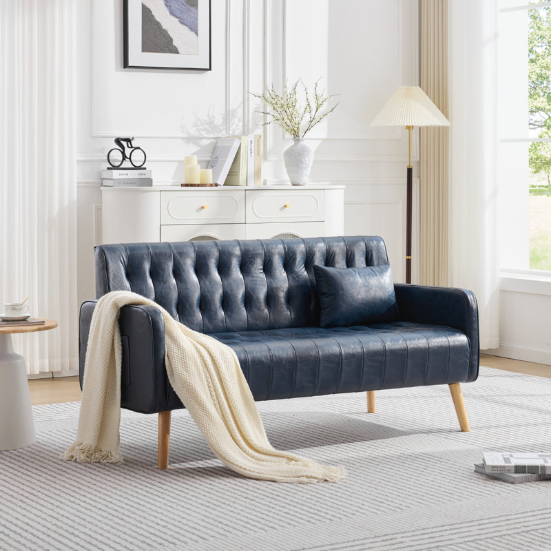Chloe-Nicole 57" Modern Striped Pu Leather Loveseat Sofa, Blue