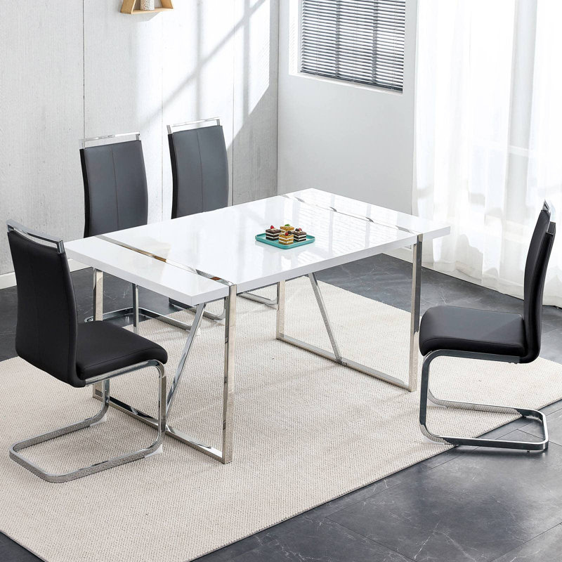 4 - Person Dining Set, Modern Rectangular Dining Table Set with 4 Luxury Faux Leather Dining Chairs, Silver, Black/Silver
