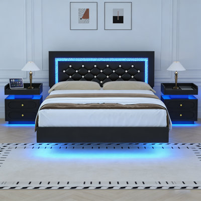 Ensemble de meubles de chambre à coucher modernes à DEL - Lit flottant et 2 tables de chevet à DEL avec station de charge