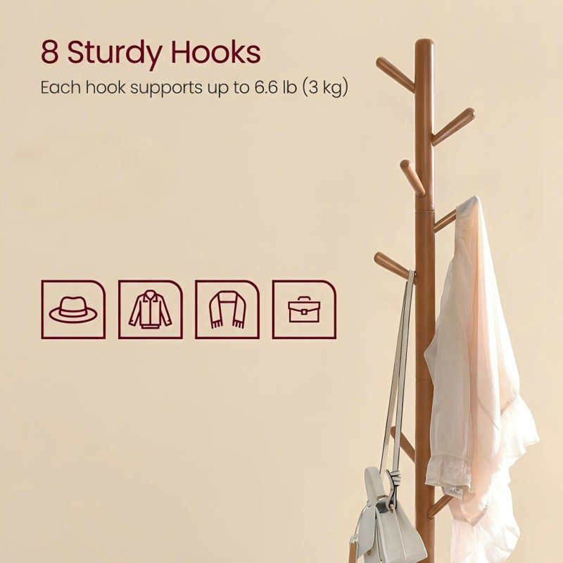 Trikomou Solid Wood 8-Hook Freestanding Coat Rack, Walnut