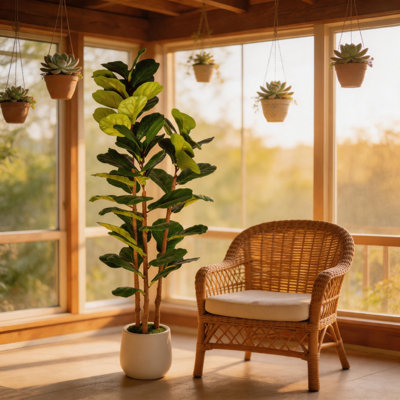 Figuier artificiel de 5,2 pi en pot blanc, décor de plante d'intérieur Real Touch