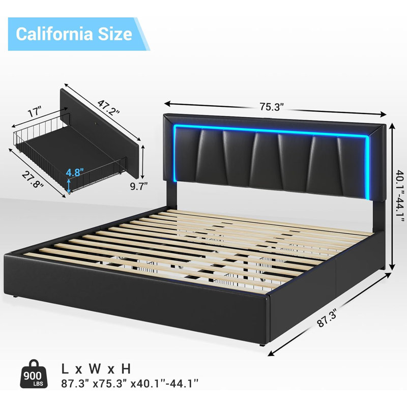 Bed Frame With 4 Storage Drawers And Led Lights Upholstered Platform Storage Bed Frame With Charging Station And Headboard Led Bed Frame,Easy Assemble