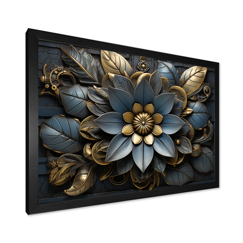 Fleurs rétro rétro or et bleu sarcelle I - impression, Cadre photo noir simple, H 30 po x l 40 po x P 1,5 po