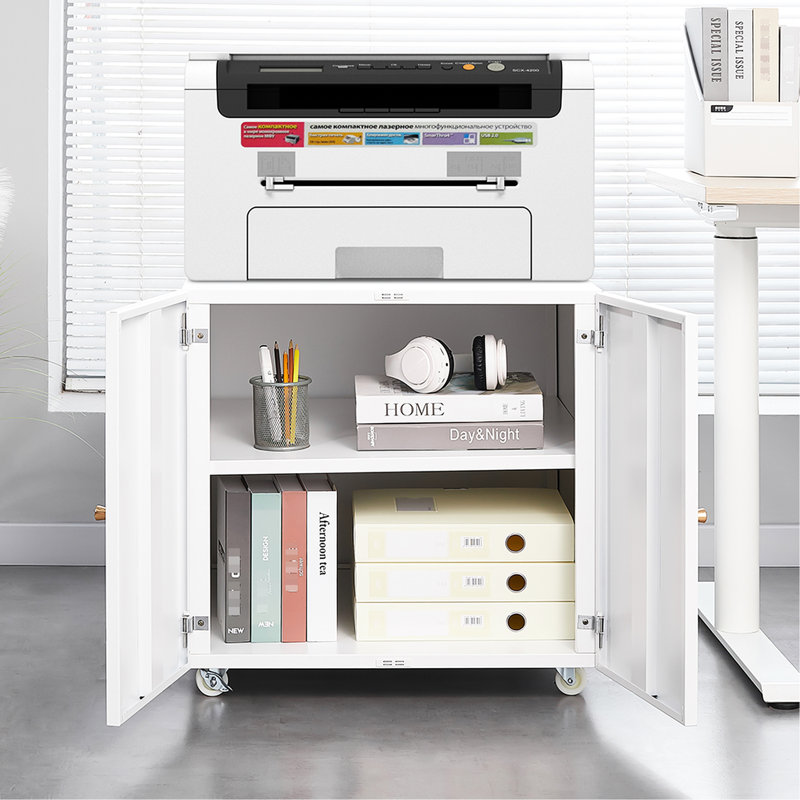 White Metal Office File Cabinet With Adjustable Partition & 360 Rotation Wheels Mobile Storage -, White