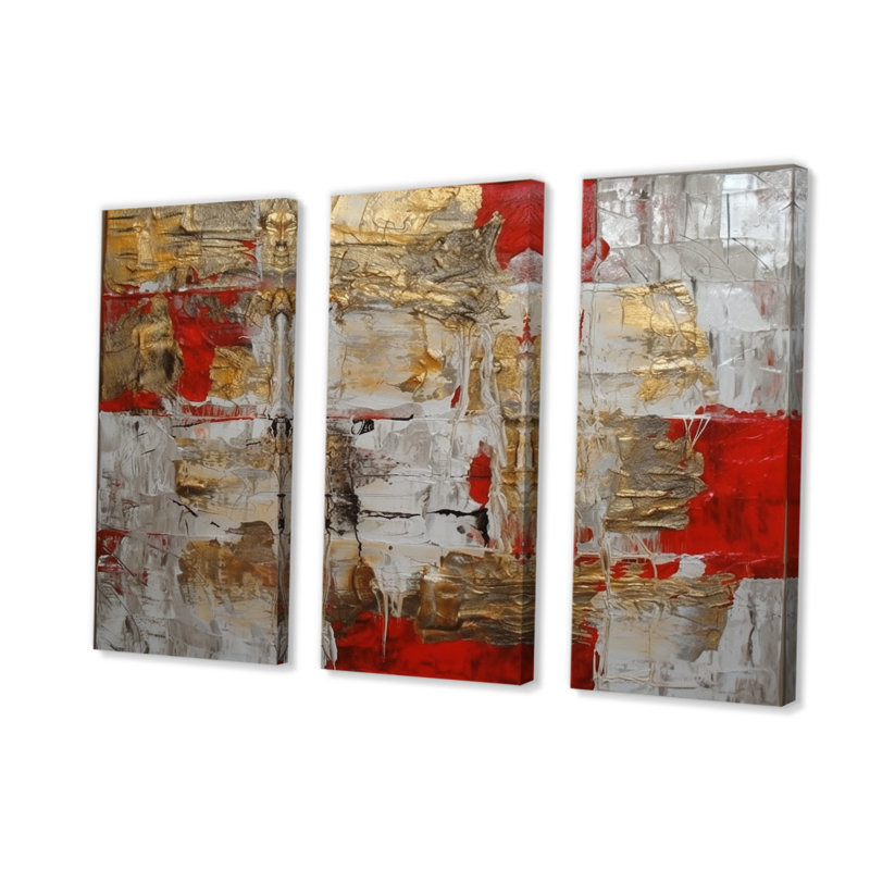 «Cardinal Sin Retro Delight Abstract Red and Gold I» sur toile, 3 pièces, H 40 po x l 60 po x P 1 po